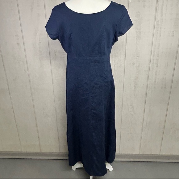 Chadwicks 100% Linen Maxi Dress Petite Size 10P Navy Lagom Minimalist Modest - Picture 2 of 7